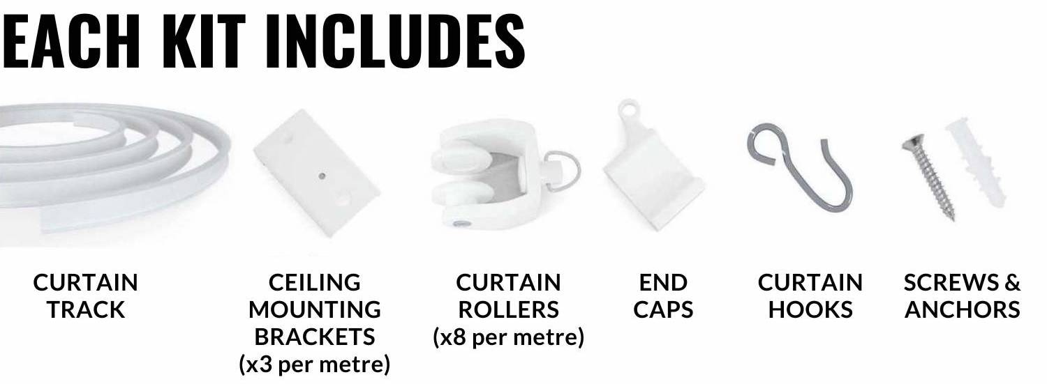 What each metre includes: curtain track, ceiling mounting brackets, curtain rollers, end caps, curtain hooks, screws and anchors